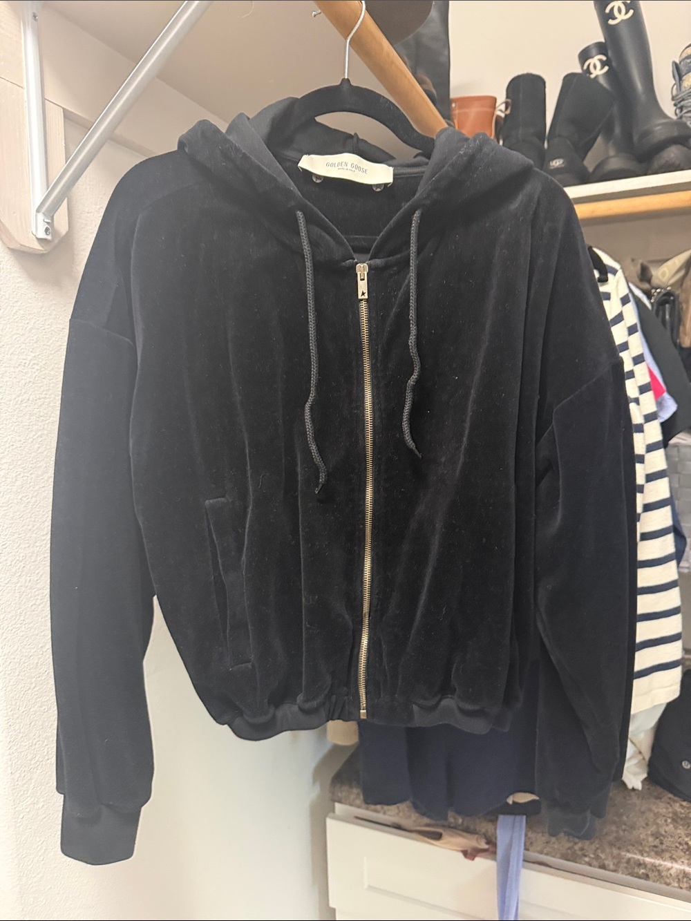 Golden Goose Black Velvet Zip-Up Hooded Jacket